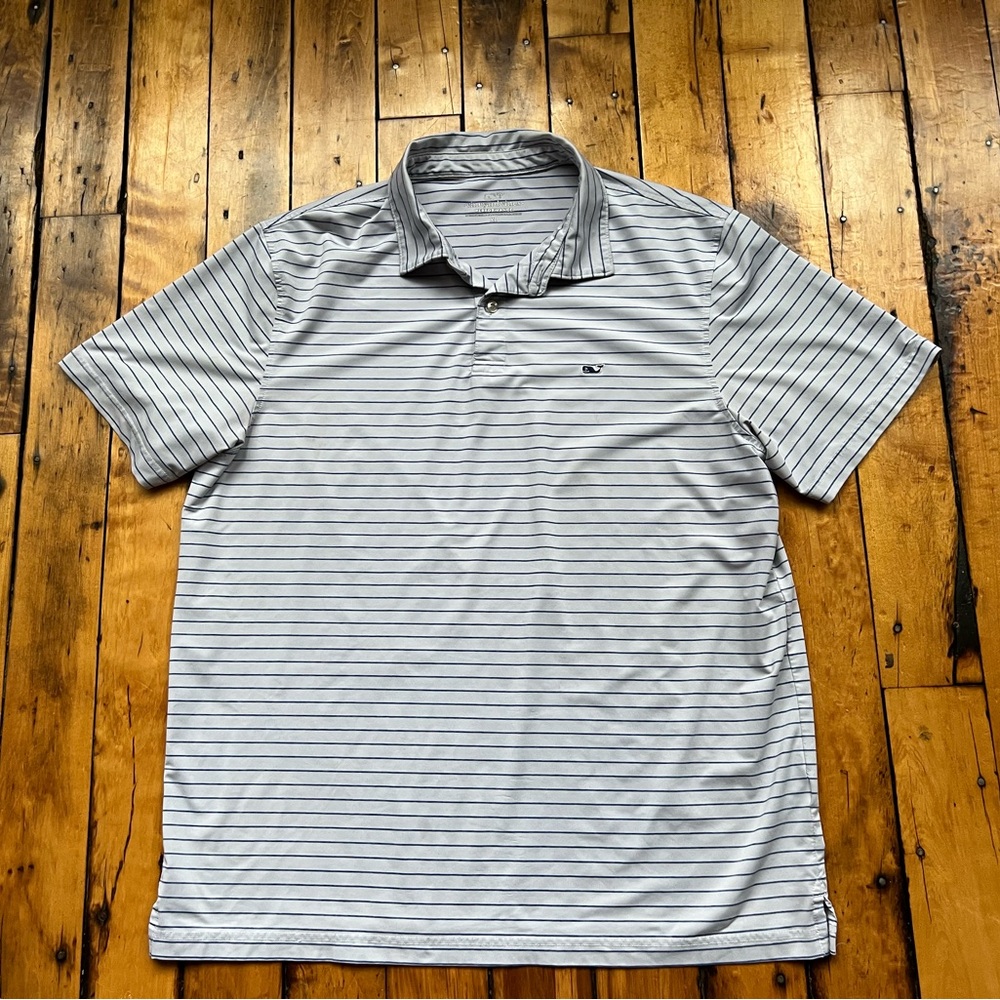 Vineyard Vines Men’s XL Polo White Blue Striped Performance Logo Golf Read*